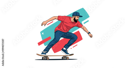 Skilled man performing a trick on a skateboard against a background of abstract colorful geometric shapes and lines.