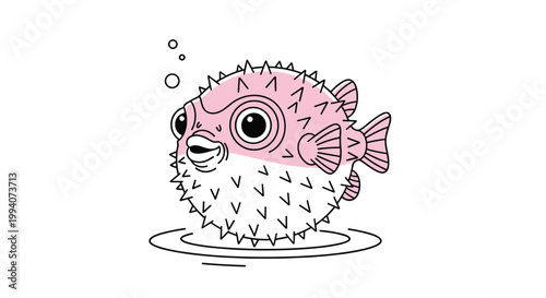 Adorable cartoon illustration of a pink and white pufferfish swimming in bubbles on a clean white background.