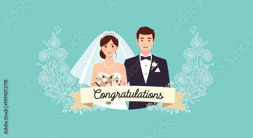 Beautiful wedding card illustration showing a happy bride and groom with a congratulations banner and flowers.