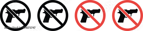 No gun icon set, vector prohibition signs with crossed firearm symbols for gun control safety rules and restricted weapon warning graphics.