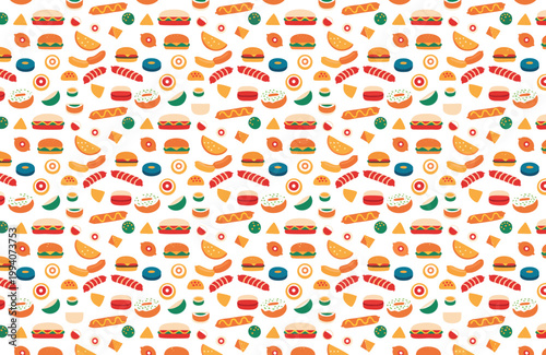 Cartoon fast food pattern with burgers hot dogs fries and pickles on white