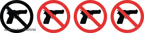 No gun icon set, black and blue prohibition symbols representing firearm ban weapon restriction warning and public safety regulation design.