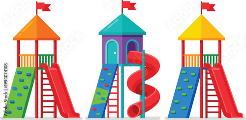 Colorful playground slides with towers and climbing walls during daytime fun