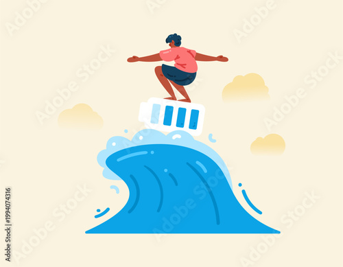 The concept of recharging energy and vacations. Vacations and having fun to recharge. Restore energy through recreation. Illustration of a man surfing on ocean waves. Metaphor, flat style vector