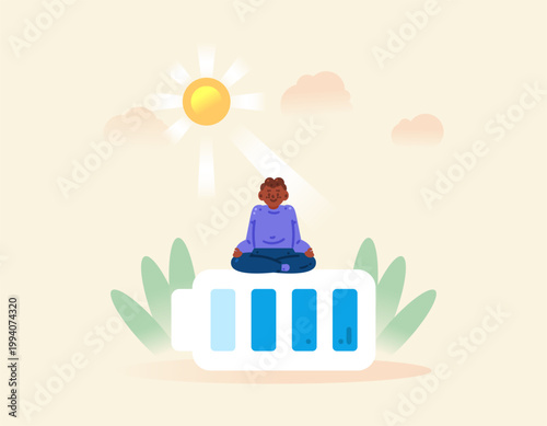 The concept of energy and meditation. Recovering or recharging energy with yoga. Mental health recovery. Illustration of a man meditating on a battery and under the sun. Activity and calming down. 