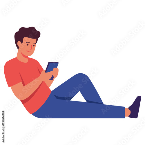 A man lies on the ground using a smartphone in a relaxed environment.