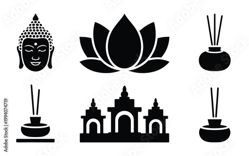 Buddha head lotus flower and temple icons with incense sticks spiritual and meditation symbols