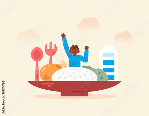 Energy and nutrition concept. Eating to replenish or restore energy. Restore energy with food. Illustration of a man with a plate of rice, chicken, and vegetables. nutritious food and intake. Metaphor
