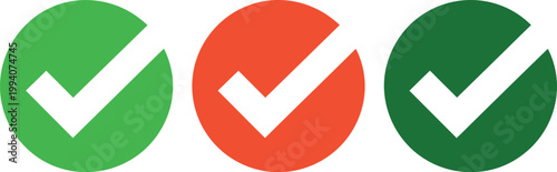 Checkmark circle icons set, three circular symbols in green red and dark green representing approval error and success for UI design.