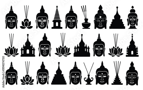 Modern flat silhouette bundle of buddha icons temples and lotus flowers on white background for meditation and spirituality concepts