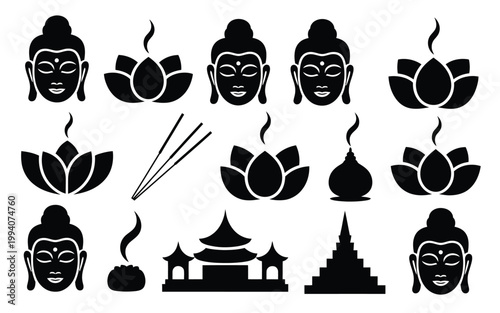 Buddha head silhouettes lotus flowers incense and temple icons in black on white background for meditation and spirituality concepts