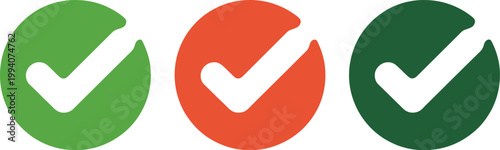 Checkmark circle icons set, colored circular tick symbols in green red and dark green for validation feedback and status indicators.