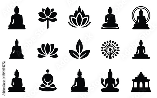 Buddha silhouette logo bundle with lotus flowers and temple icons for meditation and spirituality concepts