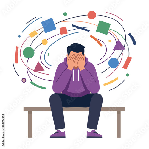 Overwhelmed man sits on a bench covering his face with hands amidst swirling colorful shapes