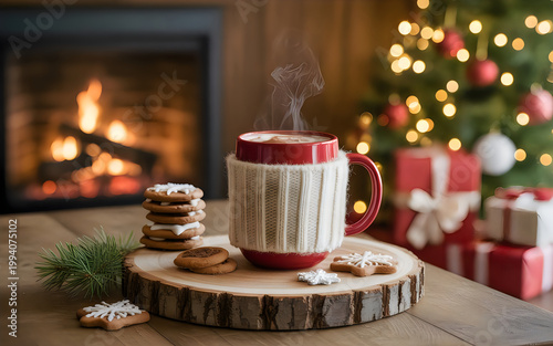 Warm Christmas setting with hot chocolate, cookies, fireplace, and tree