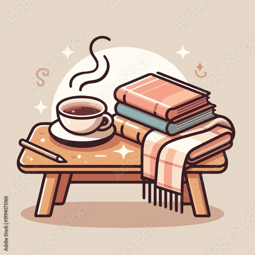 Cozy Reading Setup With Books, Hot Coffee and a Blanket on a Small Wooden Table