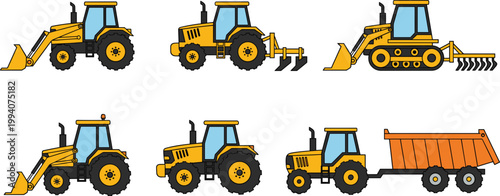Collection of yellow construction vehicles with various attachments on a white background