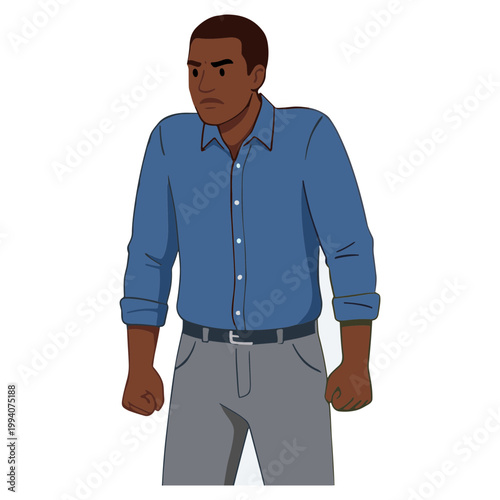 A man wearing a blue shirt and gray pants stands angrily indoors