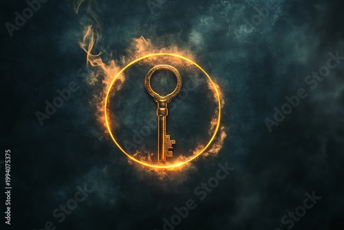 Glowing Golden Key Inside Fire Circle With Smoke On Dark Background