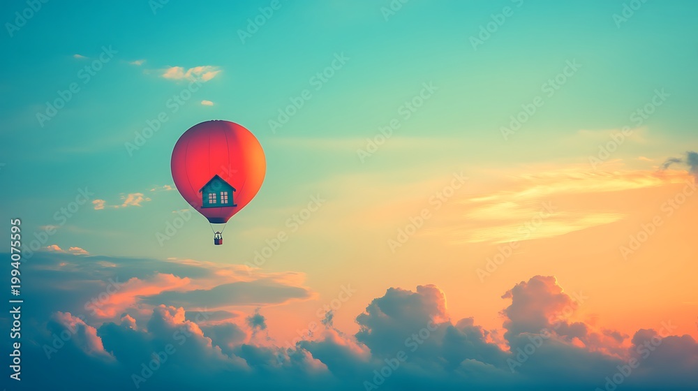 Obraz premium Dreamy Hot Air Balloon With House Floating Above Sunset Clouds Serenely