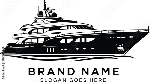Luxury Yacht Logo Design with Elegant Marine Ship Silhouette, Premium Nautical Branding Template with Placeholder Text Vector Illustration