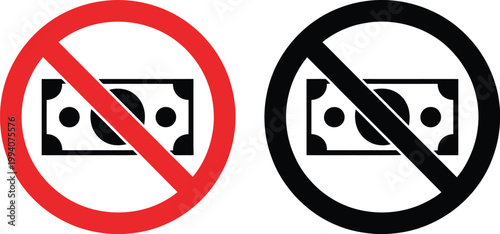 No money symbol icons set, flat vector silhouettes representing financial constraints budgeting banking and economic limitation concepts for graphic design.