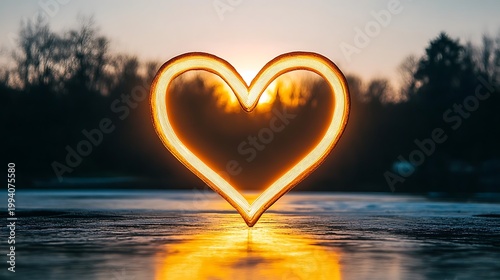Golden Heart Shaped Light Installation Reflected in Water at Dusk Serenely