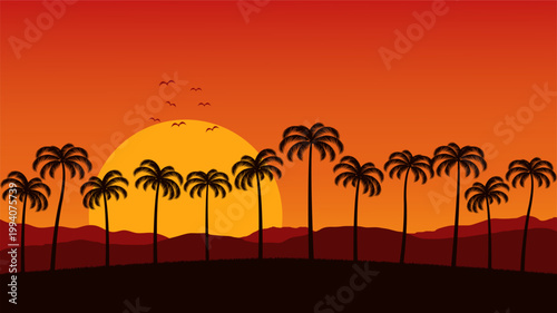 Sunset landscape with palm trees, mountain silhouettes, and flying birds, vector illustration