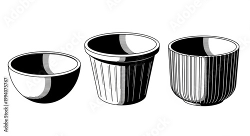 Three ceramic bowls and cups in a row illustration.