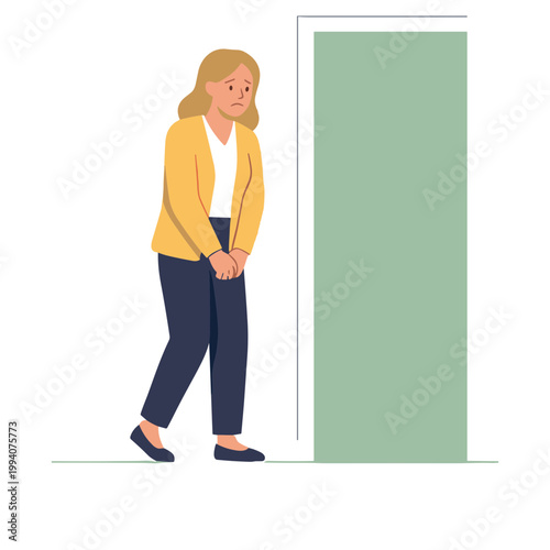 Woman peeking around a corner at an open door with caution.