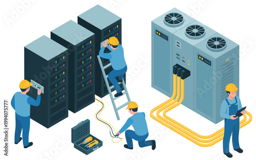 Workers in hard hats repair and maintain large server systems and industrial equipment.