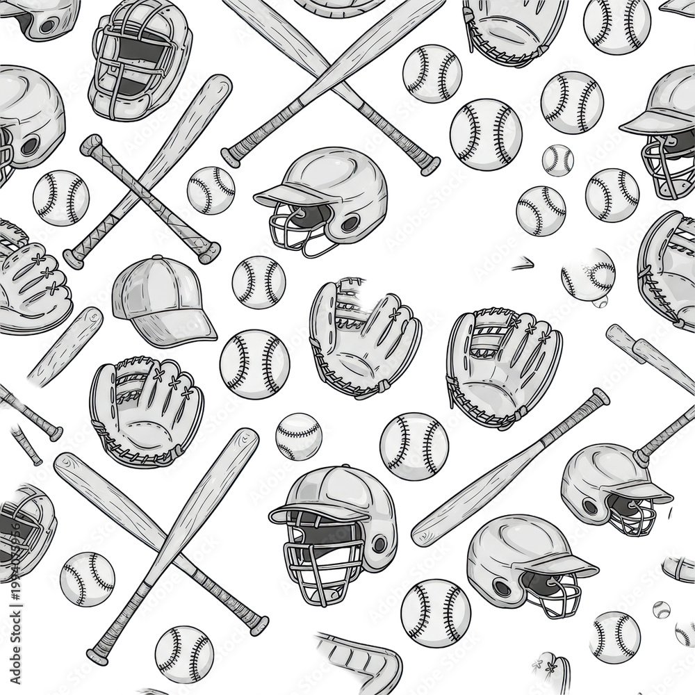 Seamless dense pattern of hand-drawn retro baseball gear (bats, balls, mitts, helmets) in a playful monochromatic grayscale vector sketch illustration style on white. Concept for sports textile design