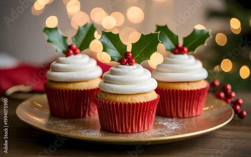 Three festive Christmas cupcakes with white frosting and holly decorations