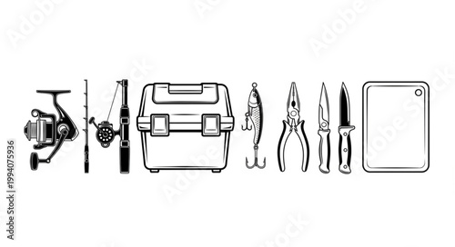 Fishing gear and tackle box illustration.