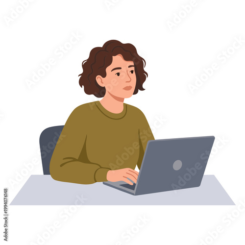 Woman sits working focused on laptop at desk indoors