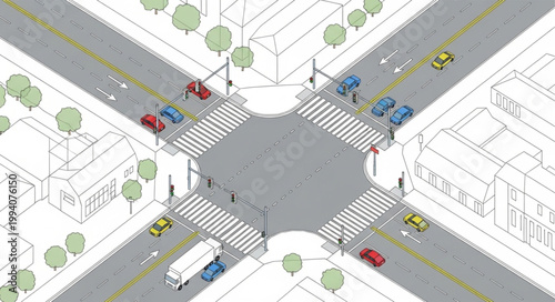 Aerial view of a busy city intersection with traffic and crosswalks.