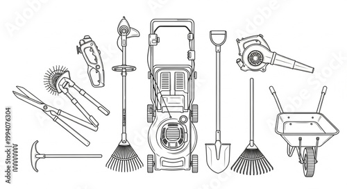 Collection of garden tools and equipment for yard work.
