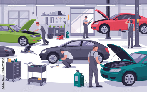 Mechanics work on cars in a busy garage with tools and equipment