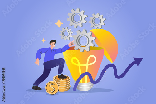 Man adjusting gear system inside light bulb while standing on money stacks for business innovation and financial growth success concept vector illustration banner
