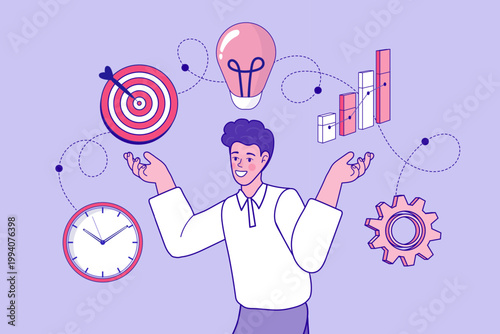 Businessman balancing business elements including ideas target growth graph time management and operational gears for integrated corporate strategy and professional multitasking success concept
