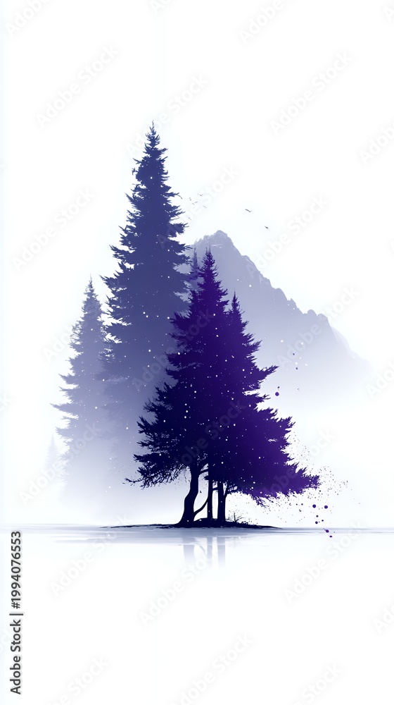 Fototapeta premium Serene Winter Pines: Snow-Capped Mountain Landscape Art