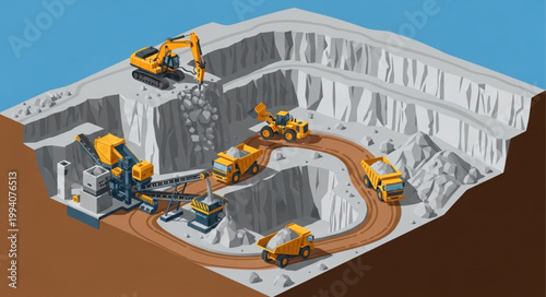 Open pit mining operation with heavy machinery and excavation.