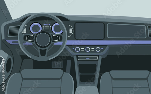 A futuristic car interior features a modern dashboard and seats
