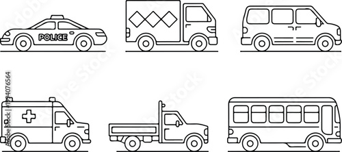 Linear arrangement of different utility vehicles showcasing simple modern design vector illustration set