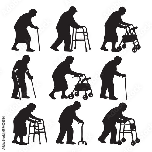 Elderly People Walking Aid Silhouettes – Senior Vector Collection