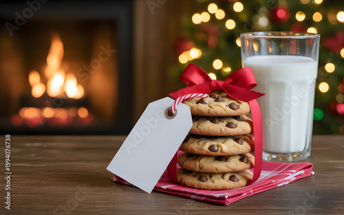 Christmas cookies and milk with blank tag by fireplace and tree