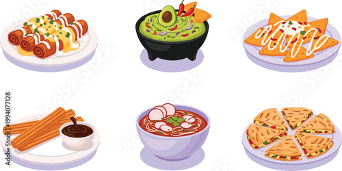 Mexican Food Set with Nachos, Guacamole, Quesadilla, Taquitos, Churros, and Soup Illustration Collection for Latin Cuisine Menu Design and Restaurant Graphics
