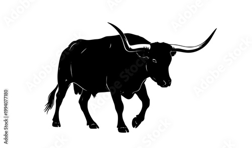 Walking longhorn cattle silhouette vector with dynamic pose isolated on white