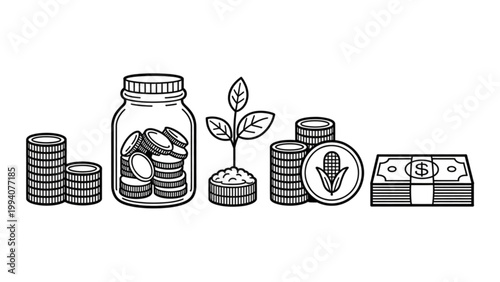 Collection of icons representing financial growth, savings, and investment concepts Vector