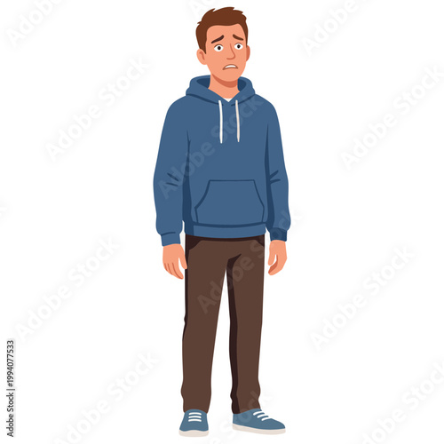 A cartoon man wearing a blue hoodie stands alone indoors looking sad